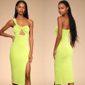 Lulu’s Becoming Bold Lime Green Cutout One-Shoulder Midi Dress